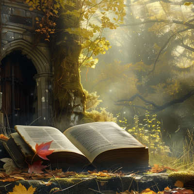 A mystical open book bathed in sunlight next to an ancient stone archway surrounded by autumn leaves and enchanted forest scenery.