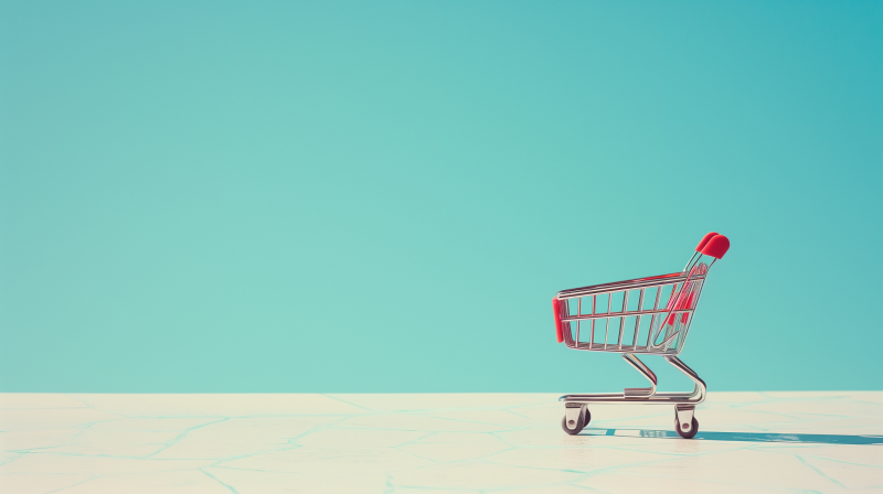 A red shopping cart against a turquoise background with a light pattern on the floor.