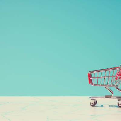 A red shopping cart against a turquoise background with a light pattern on the floor.