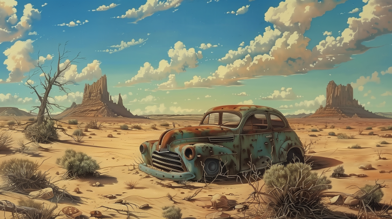 An old, rusted car abandoned in a desert under a partly cloudy sky.