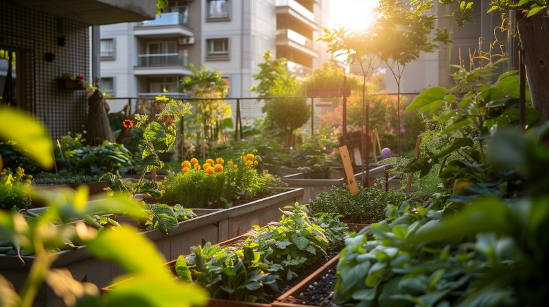 A lush urban garden with raised beds full of green plants and flowers with residential buildings in the background, bathed in warm sunlight.