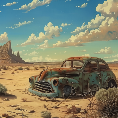 An old, rusted car abandoned in a desert under a partly cloudy sky.