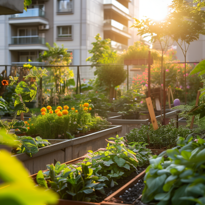 A lush urban garden with raised beds full of green plants and flowers with residential buildings in the background, bathed in warm sunlight.