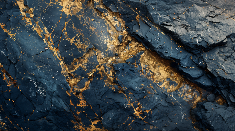 An artistic image showcasing a textured surface with deep blue tones and intricate gold veins.