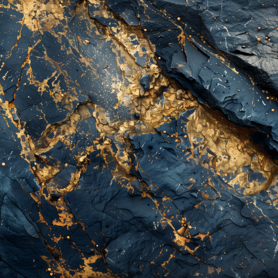 An artistic image showcasing a textured surface with deep blue tones and intricate gold veins.