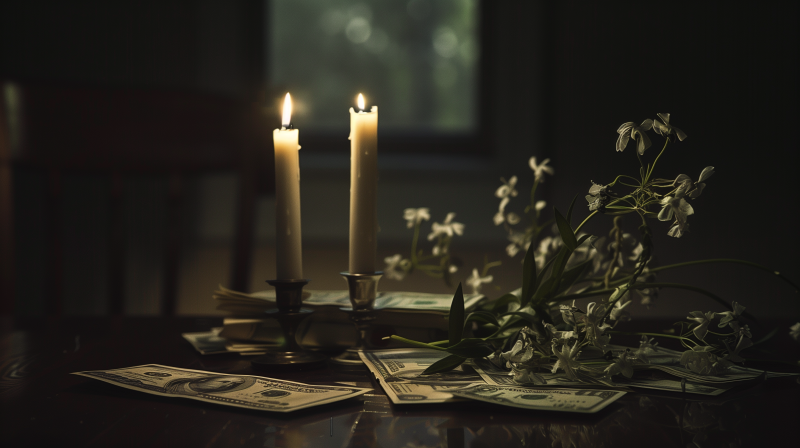 Two lit candles on candle holders with scattered banknotes and flowers on a table.