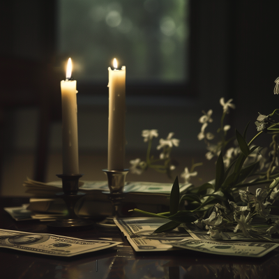 Two lit candles on candle holders with scattered banknotes and flowers on a table.