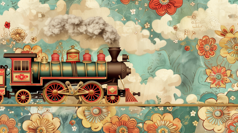 Illustration of a vintage steam train with red and gold details, moving on the tracks, emitting a plume of smoke against a floral patterned background with a whimsical feel.