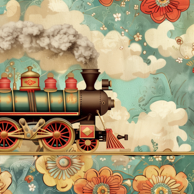 Illustration of a vintage steam train with red and gold details, moving on the tracks, emitting a plume of smoke against a floral patterned background with a whimsical feel.