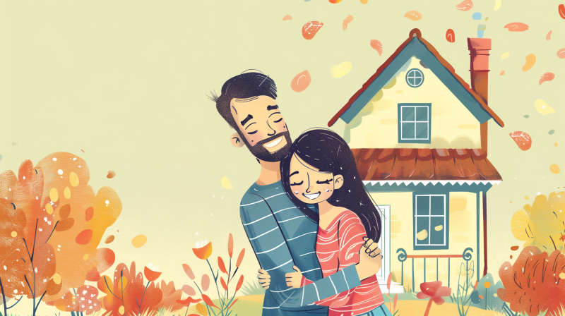 An illustration of a happy couple embracing in front of their new home, surrounded by falling leaves and a warm, celebratory atmosphere.