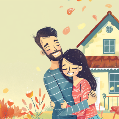 An illustration of a happy couple embracing in front of their new home, surrounded by falling leaves and a warm, celebratory atmosphere.