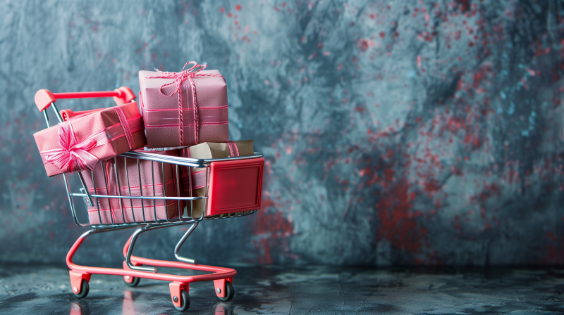 A small shopping cart filled with wrapped gift boxes against a textured blue and red background.