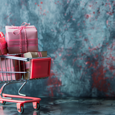 A small shopping cart filled with wrapped gift boxes against a textured blue and red background.