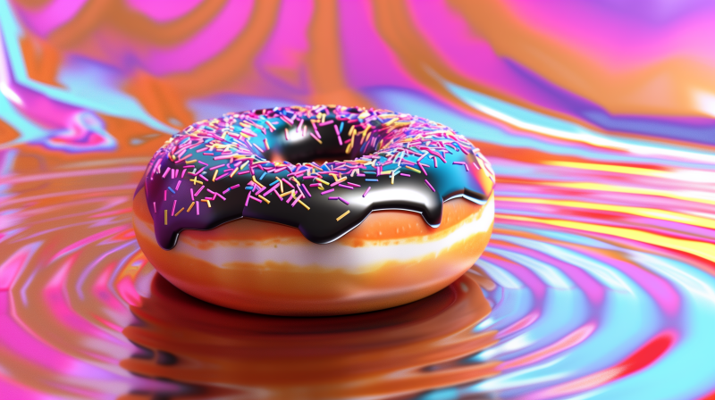 A colorful doughnut with chocolate icing and sprinkles on a swirled multicolored background.