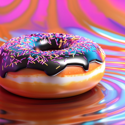 A colorful doughnut with chocolate icing and sprinkles on a swirled multicolored background.