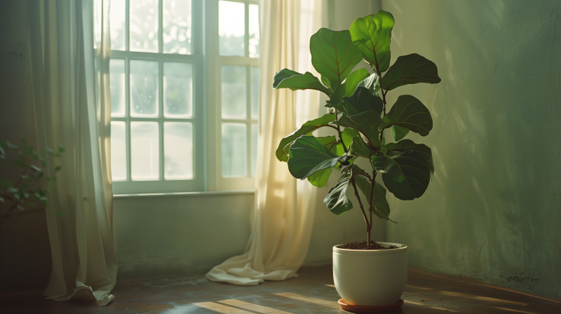 A fiddle leaf fig houseplant in a white pot sits in a sunlit room by a window with sheer curtains.