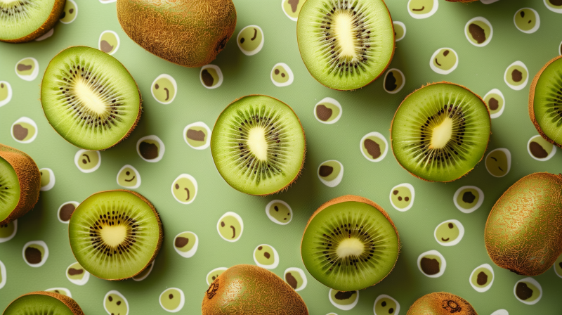 A patterned image featuring whole and sliced kiwi fruits with kiwi slices forming a playful background.