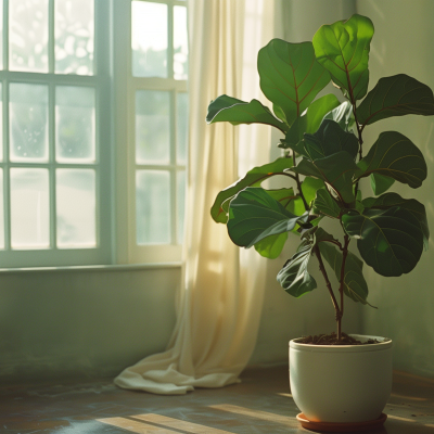 A fiddle leaf fig houseplant in a white pot sits in a sunlit room by a window with sheer curtains.