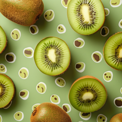 A patterned image featuring whole and sliced kiwi fruits with kiwi slices forming a playful background.