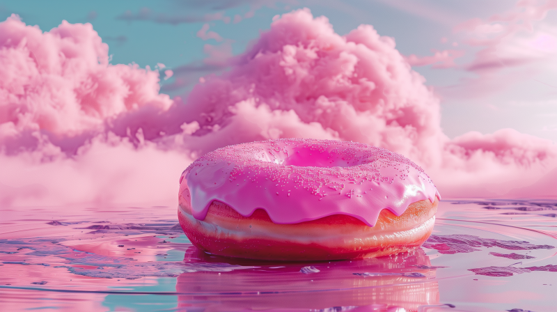 A pink glazed doughnut floating against a whimsical pink and blue cloudy background.