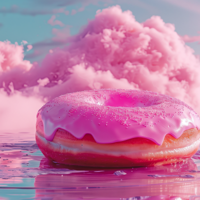 A pink glazed doughnut floating against a whimsical pink and blue cloudy background.