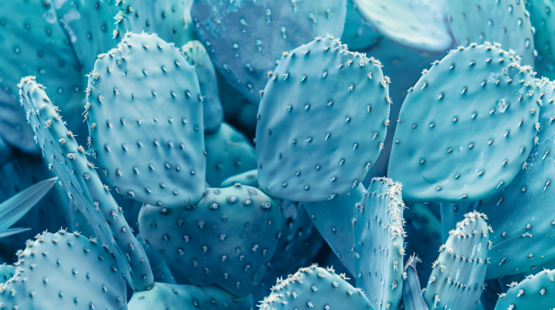 A close-up of a cluster of blue cacti with white spines.