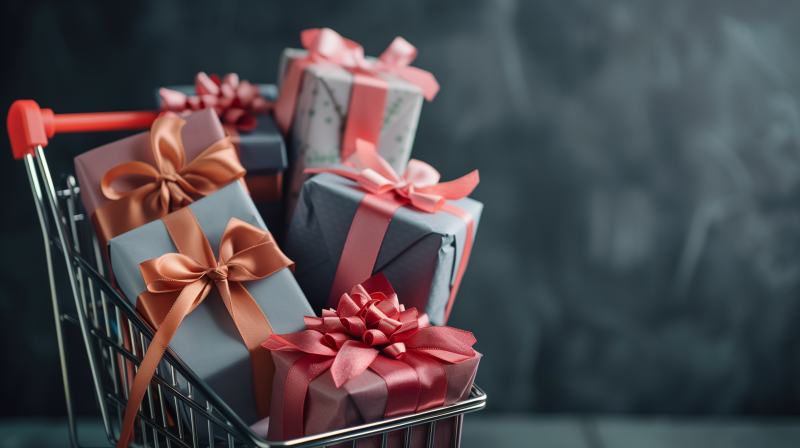 A shopping cart filled with various beautifully wrapped gifts adorned with ribbons.