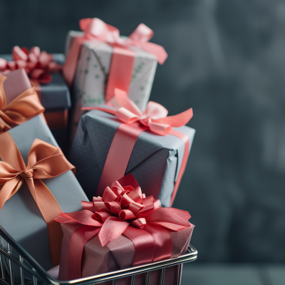 A shopping cart filled with various beautifully wrapped gifts adorned with ribbons.