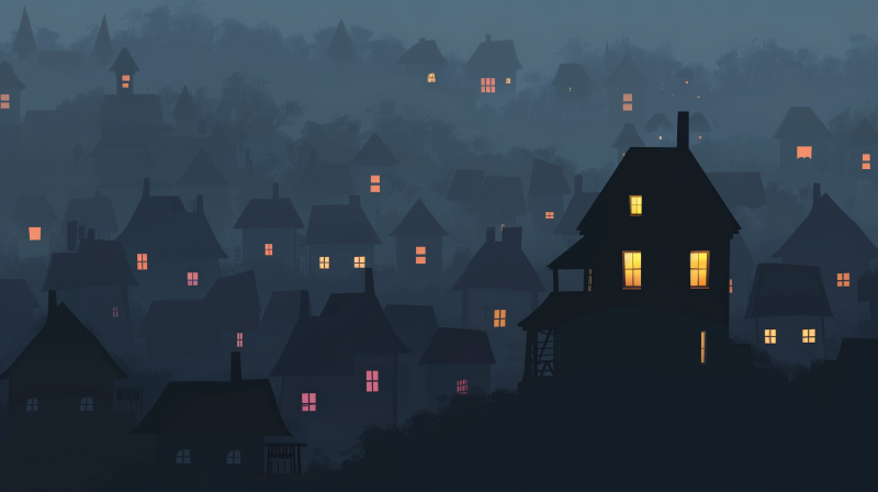 An illustration of a neighborhood with houses at dusk, showing glowing windows scattered throughout the misty scene.