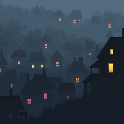 An illustration of a neighborhood with houses at dusk, showing glowing windows scattered throughout the misty scene.