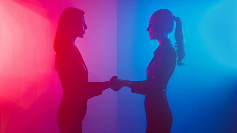 Two women in business attire shaking hands in a room lit with blue and pink lights, symbolizing partnership.