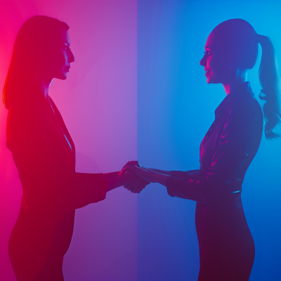 Two women in business attire shaking hands in a room lit with blue and pink lights, symbolizing partnership.