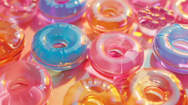 Colorful glossy doughnuts in shades of blue, pink, and yellow with a reflective surface, giving a surreal and vibrant look.