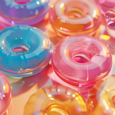 Colorful glossy doughnuts in shades of blue, pink, and yellow with a reflective surface, giving a surreal and vibrant look.