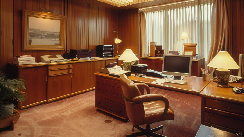 A retro-styled office with wood paneling, a desk, vintage computer equipment, and a leather chair.