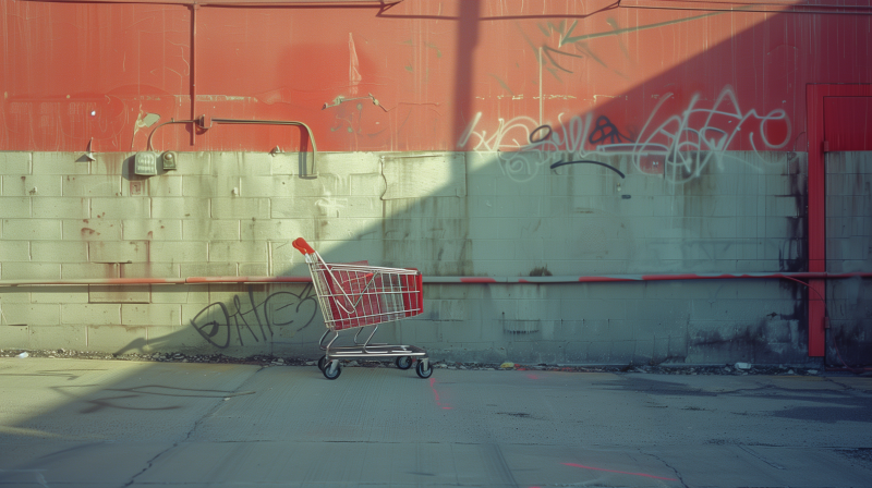 An empty shopping cart abandoned in an urban alleyway with graffiti-covered walls.