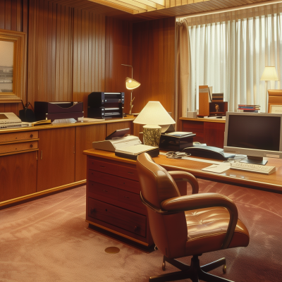 A retro-styled office with wood paneling, a desk, vintage computer equipment, and a leather chair.