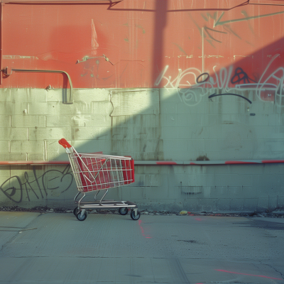 An empty shopping cart abandoned in an urban alleyway with graffiti-covered walls.