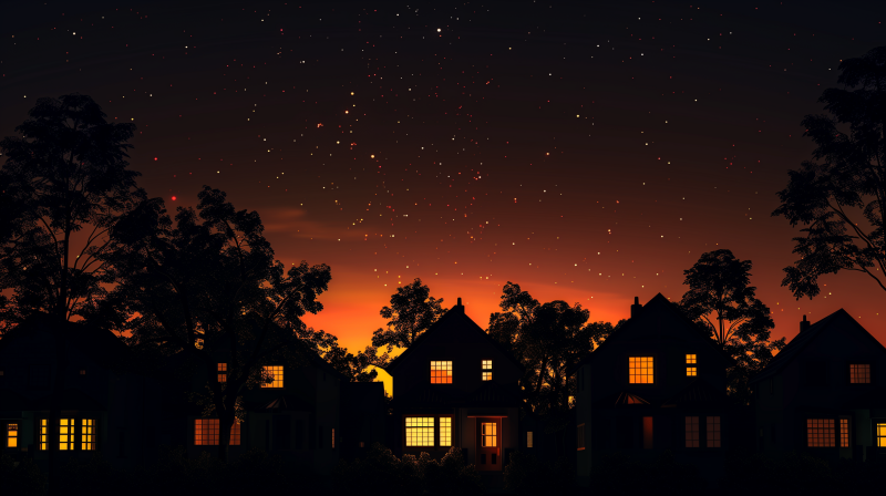 A serene neighborhood scene at night featuring houses with lights on against a backdrop of a starry sky and an orange-hued sunset.