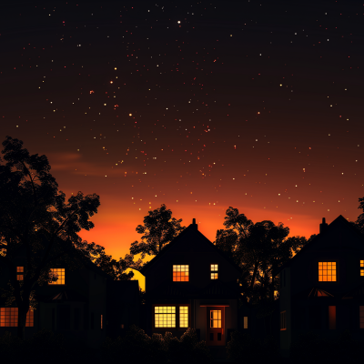 A serene neighborhood scene at night featuring houses with lights on against a backdrop of a starry sky and an orange-hued sunset.