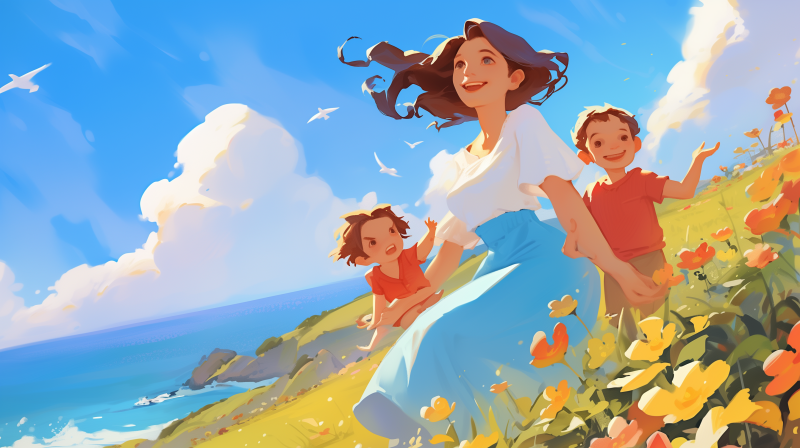 An illustration of a smiling woman with two children enjoying a sunny day outdoors on a grassy hill with a view of the sea and flying birds in the background.