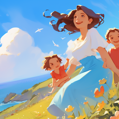 An illustration of a smiling woman with two children enjoying a sunny day outdoors on a grassy hill with a view of the sea and flying birds in the background.