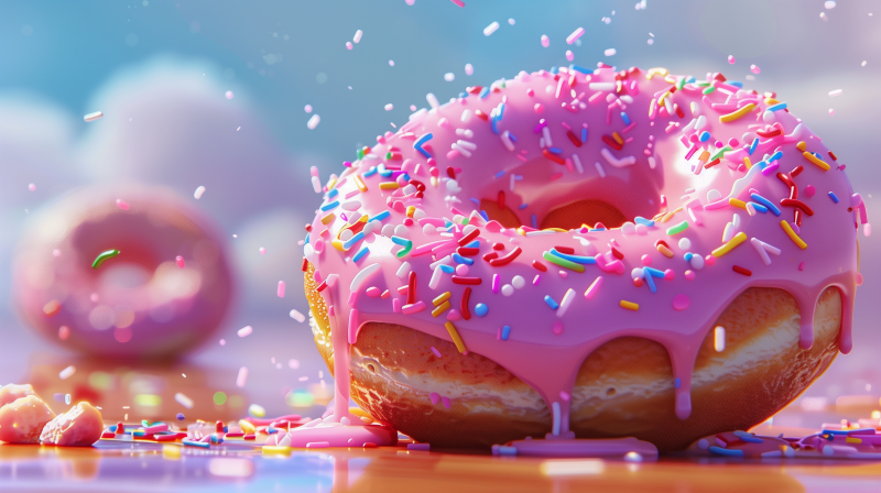 A close-up of a pink frosted doughnut with colorful sprinkles, sitting on a surface with sprinkles scattered around.