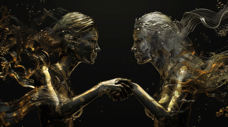 Two metallic gold figures engaging in a handshake, seeming to represent a partnership or agreement between women.