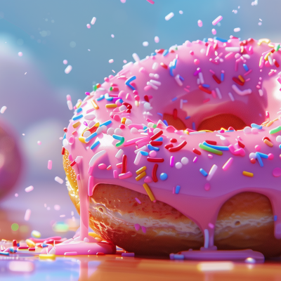 A close-up of a pink frosted doughnut with colorful sprinkles, sitting on a surface with sprinkles scattered around.