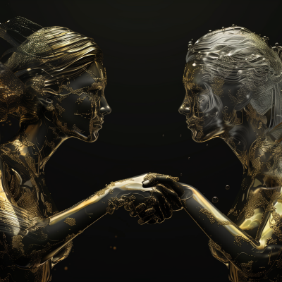 Two metallic gold figures engaging in a handshake, seeming to represent a partnership or agreement between women.