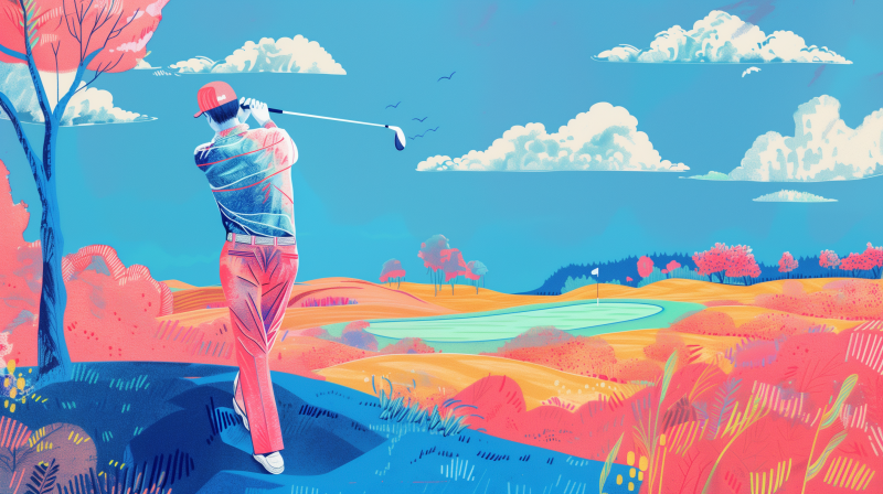 Illustration of a golfer in mid-swing on a colorful, stylized golf course with a scenic background.