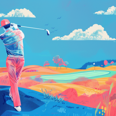 Illustration of a golfer in mid-swing on a colorful, stylized golf course with a scenic background.