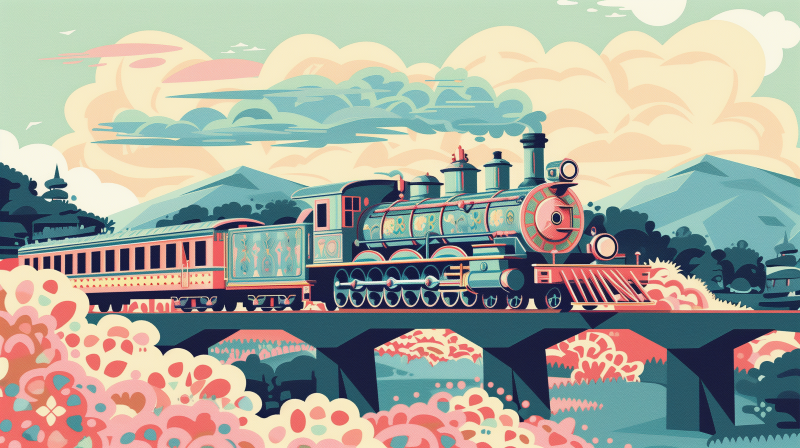 Illustration of a colorful vintage train traveling across a bridge with a scenic mountainous background and stylized clouds.