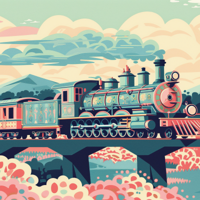 Illustration of a colorful vintage train traveling across a bridge with a scenic mountainous background and stylized clouds.